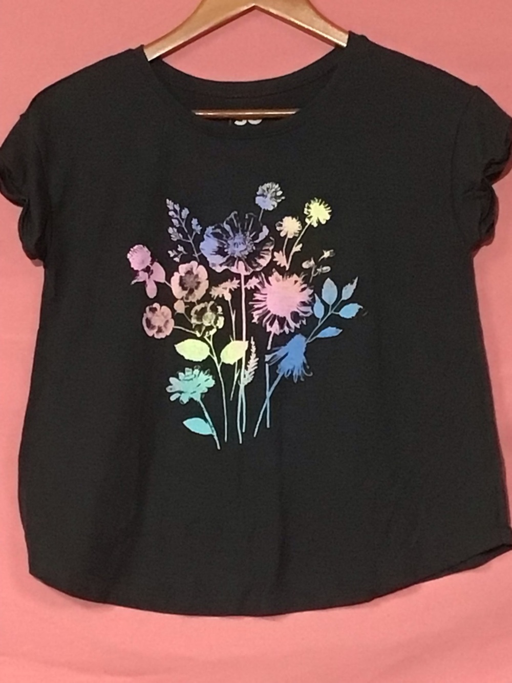 SO kids floral black short-sleeve crop t-shirt